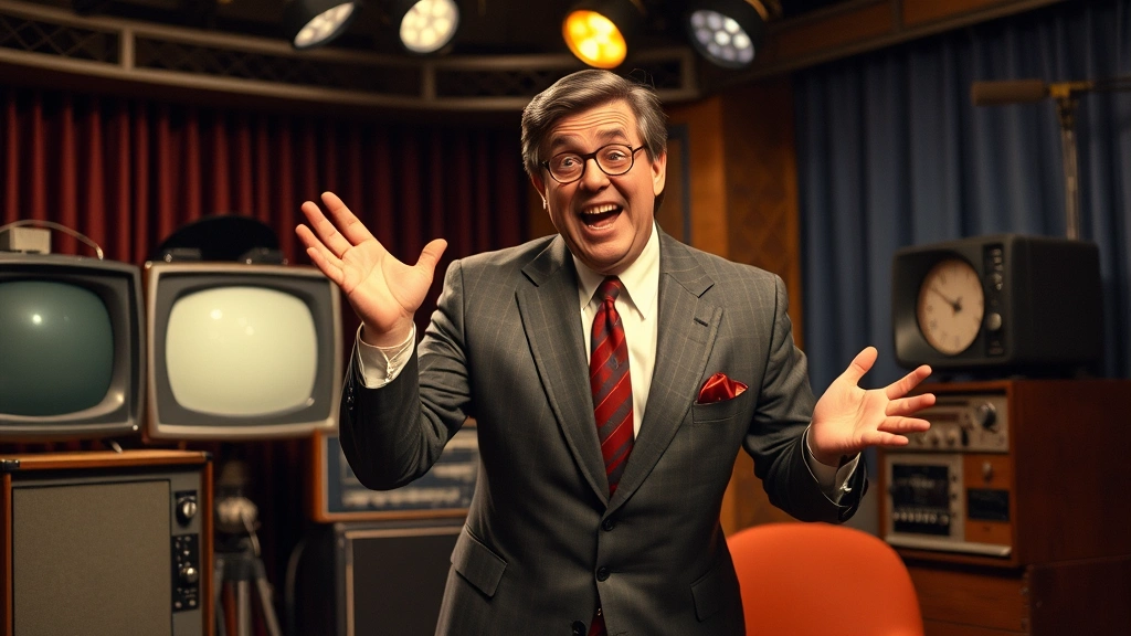 Professional performer in classic 1960s television studio setting with vintage equipment and warm lighting, demonstrating expressive physical comedy with exaggerated facial expression and body positioning