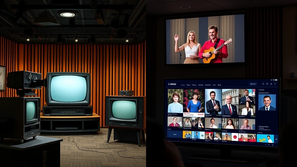 Split-screen showing evolution of entertainment technology from 1960s television studio with analog equipment to modern streaming interface, representing how classic performances remain accessible to contemporary audiences