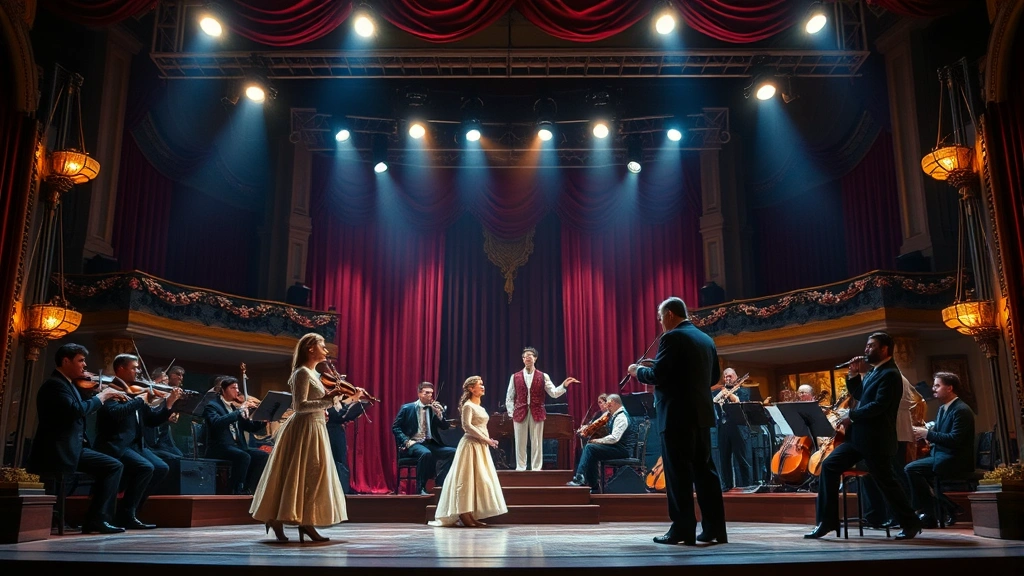 Nostalgic scene of classic film musical production with performers in period costume on elaborate theatrical set with orchestra musicians and stage lighting, capturing the golden age of musical cinema entertainment