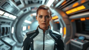 Professional actress in futuristic military uniform on spacecraft set, serious determined expression, cinematic lighting, sci-fi background with metallic corridors and control panels, photorealistic