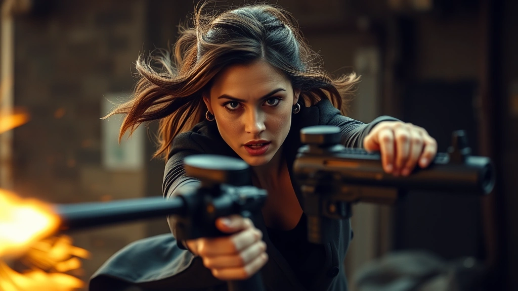 Actress in action sequence with dynamic movement and professional stunt work, intense expression, high-energy cinematic composition, urban or industrial background, professional film production quality