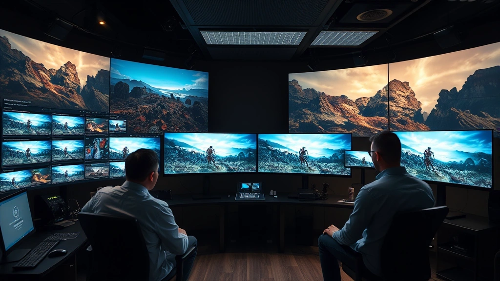 Modern film editing suite with color-graded footage displayed on professional monitors showing fantasy cinematography, creative professionals collaborating, photorealistic, no readable text or interface elements