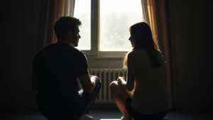 Two people sitting across from each other in a dimly lit room, facing away from camera, sunlight streaming through window creating shadows on their faces, conveying emotional distance and separation, photorealistic intimate moment