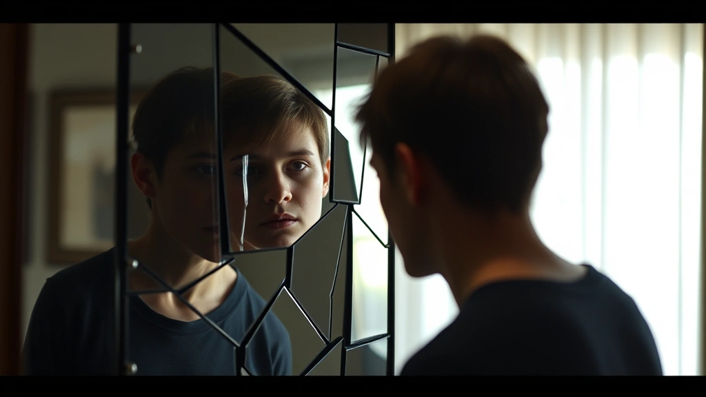 Person looking at their reflection in a fragmented mirror, multiple distorted reflections visible, soft natural lighting, exploring themes of fractured identity and self-perception, photorealistic introspective scene