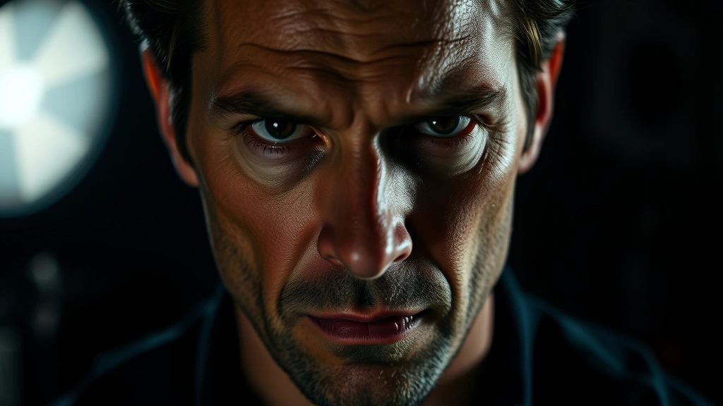 Close-up portrait of a determined male actor with intense expression, dark lighting, professional studio setting, dramatic shadows emphasizing facial features and emotional depth, cinematic quality photograph