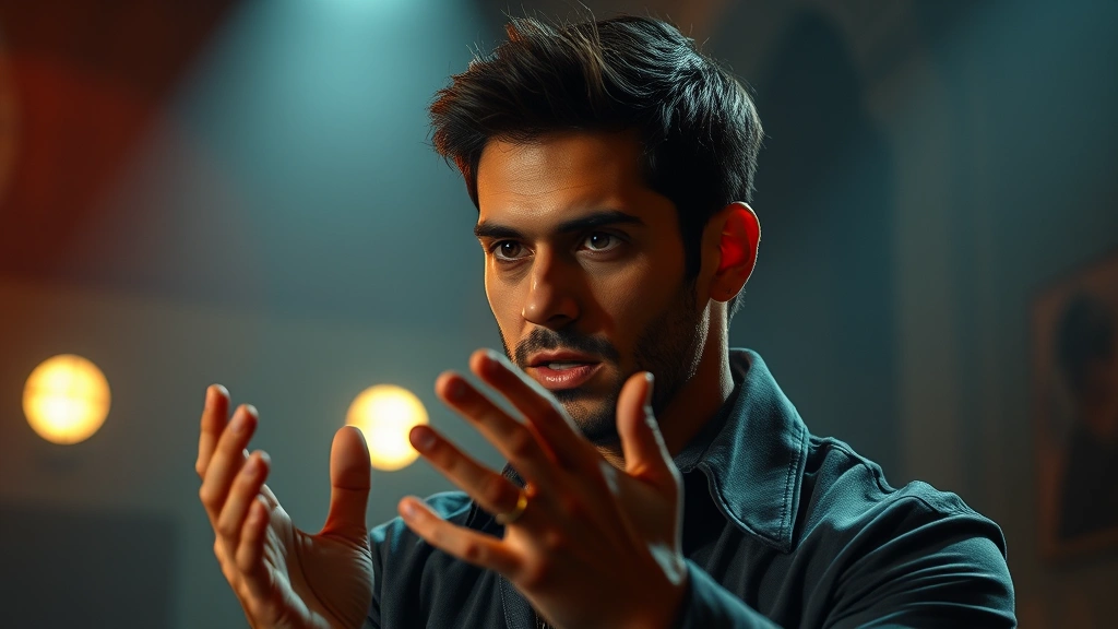 Wide shot of a male performer in character during an intense dramatic scene, hands gesturing expressively, dynamic lighting creating tension, professional television production quality, emotional performance moment