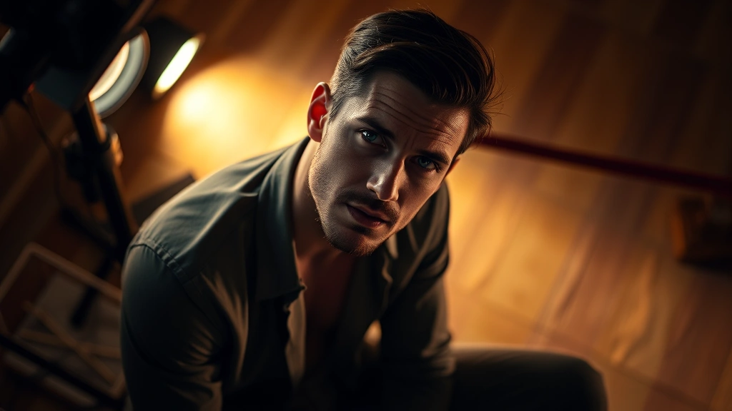 Overhead shot of a male actor in contemplative pose, seated position showing vulnerability and introspection, warm ambient lighting, intimate character study composition, professional dramatic lighting setup