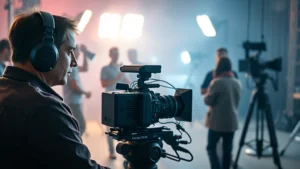 Professional film director wearing headphones sitting behind cinema camera on movie set with crew members adjusting lighting equipment in background