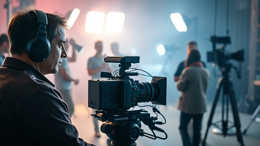 Professional film director wearing headphones sitting behind cinema camera on movie set with crew members adjusting lighting equipment in background