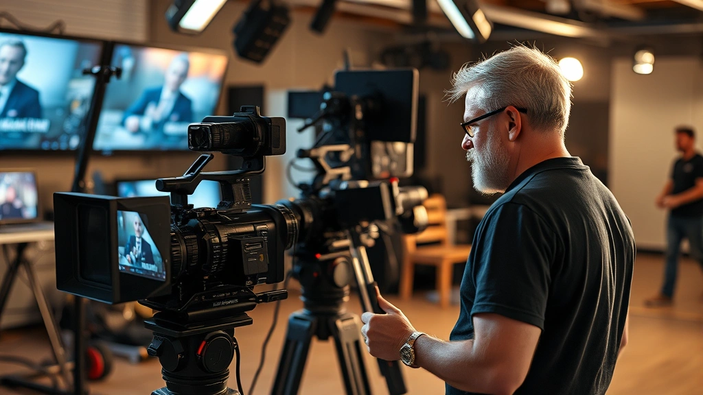Film director reviewing footage on set with professional cinematography equipment and monitors visible in production environment