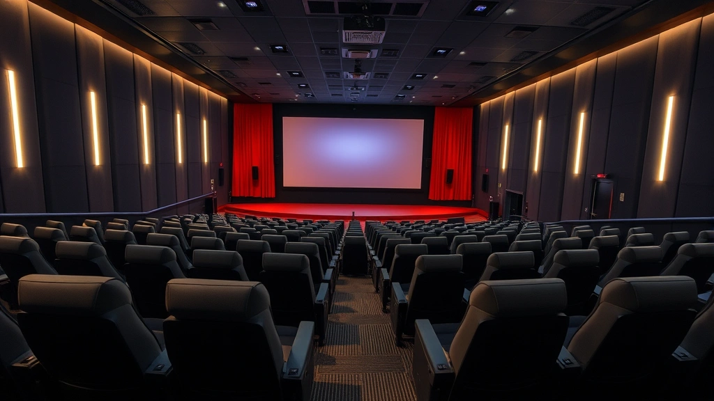 Modern cinema theater with comfortable seating, dramatic lighting, and professional projection screen in contemporary multiplex setting