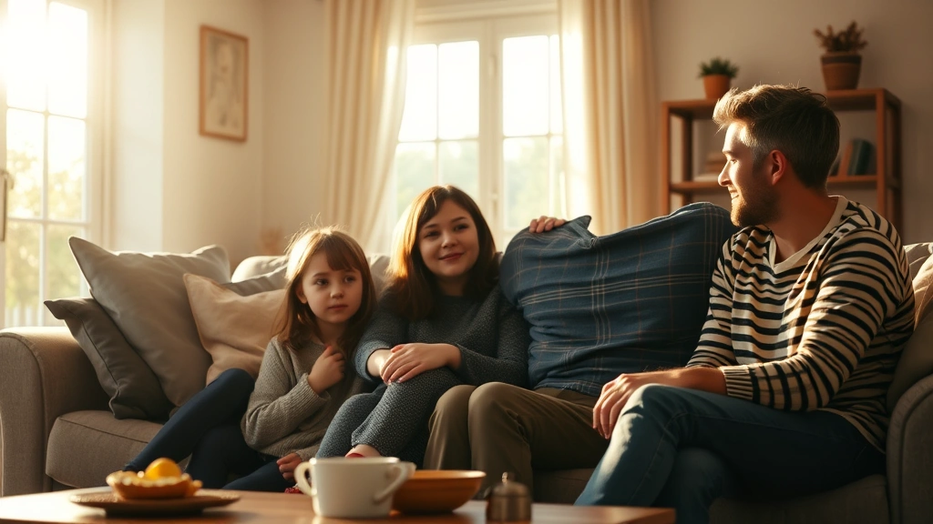 Cinematic wide shot of a family sitting together in a warm, naturally-lit living room, afternoon sunlight streaming through windows, showing quiet emotional connection without dialogue, photorealistic intimate family moment