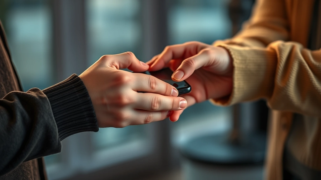 Close-up of hands passing a smartphone or photograph between two people, warm lighting emphasizing the moment of connection and shared memory, photorealistic detail of human gesture and emotional exchange