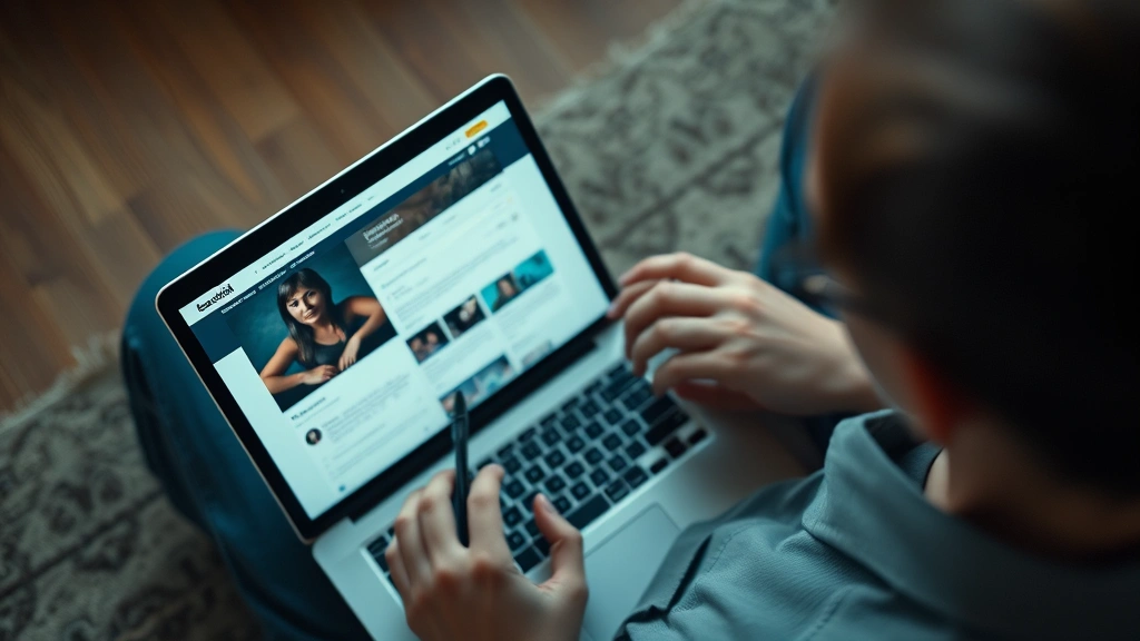 Overhead shot of a person looking at a laptop screen showing social media or digital memorial, soft warm lighting creating contemplative mood, photorealistic exploration of digital legacy and modern grief