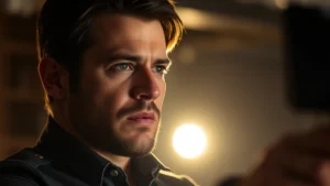 Professional actor in dramatic scene, intense emotional expression, sophisticated lighting, cinematic depth of field, modern television production quality, thoughtful intensity captured