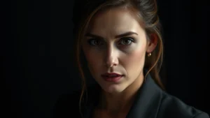 Professional actress in dramatic scene, intense emotional expression, studio lighting, professional headshot quality, serious contemplative pose, no text or graphics