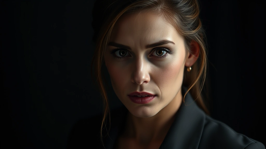 Professional actress in dramatic scene, intense emotional expression, studio lighting, professional headshot quality, serious contemplative pose, no text or graphics