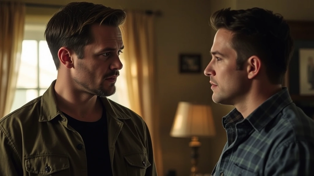 Two actors in intimate conversation scene, natural indoor lighting, emotional intensity, dramatic tension between characters, realistic cinema photography