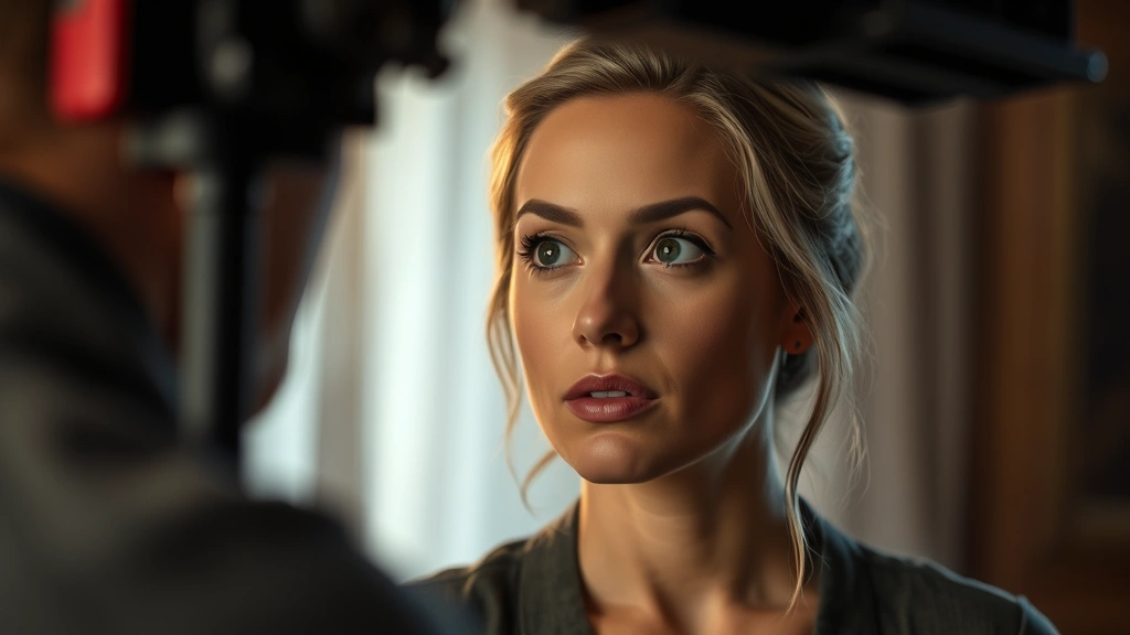 Actress in character moment, layered emotional depth, subtle facial expression, professional film production quality, dramatic lighting setup