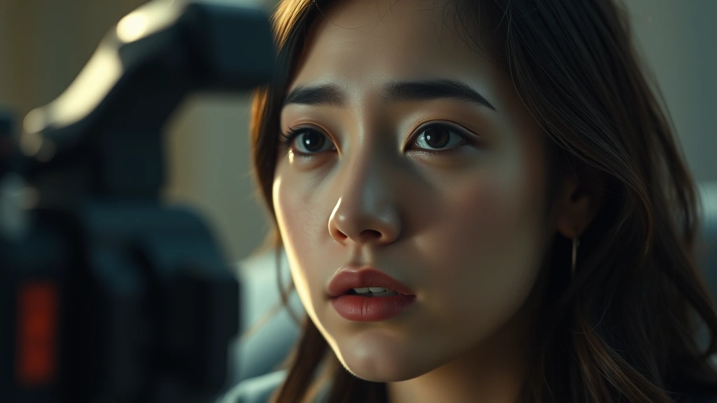 Young female actor in dramatic television scene, intense emotional expression, professional film production lighting, close-up of face showing vulnerability and depth, contemporary streaming drama aesthetic