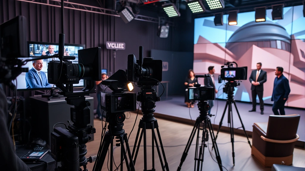 Modern television production set with multiple cameras and professional equipment, actors in scene work, dramatic lighting setup, behind-the-scenes film production environment, contemporary streaming media production