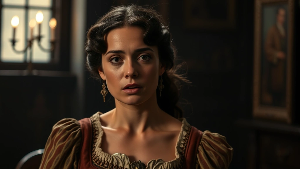 Professional actress in dramatic scene wearing period costume, intense emotional expression, moody lighting, cinematic composition, no visible text or graphics