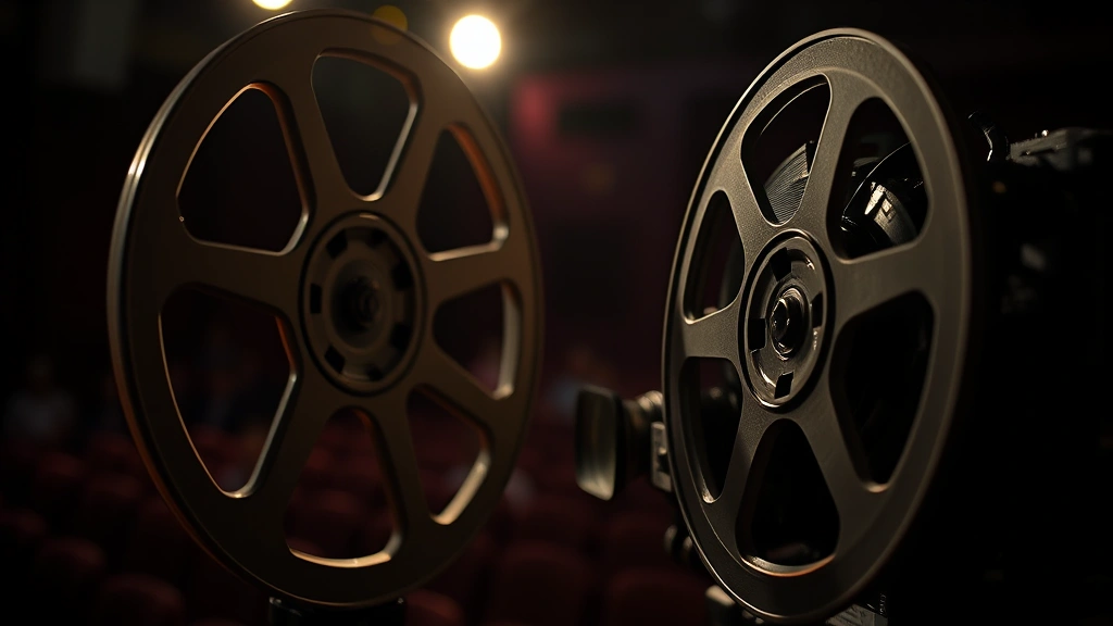 Close-up of film reel and projection equipment in dimly lit theater, cinematic production focus, professional photography lighting, media industry aesthetic