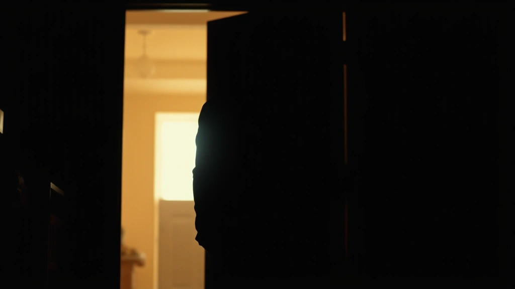 Silhouetted figure standing in doorway of home interior, warm interior light contrasting with dark exterior, psychological tension composition, photorealistic dramatic lighting