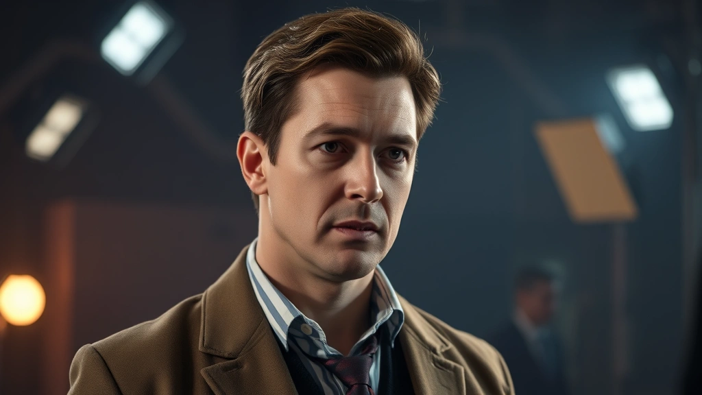 Professional actor in dramatic television scene with moody lighting, showing intense emotional expression and professional costume, filmed in studio setting with cinematic depth of field