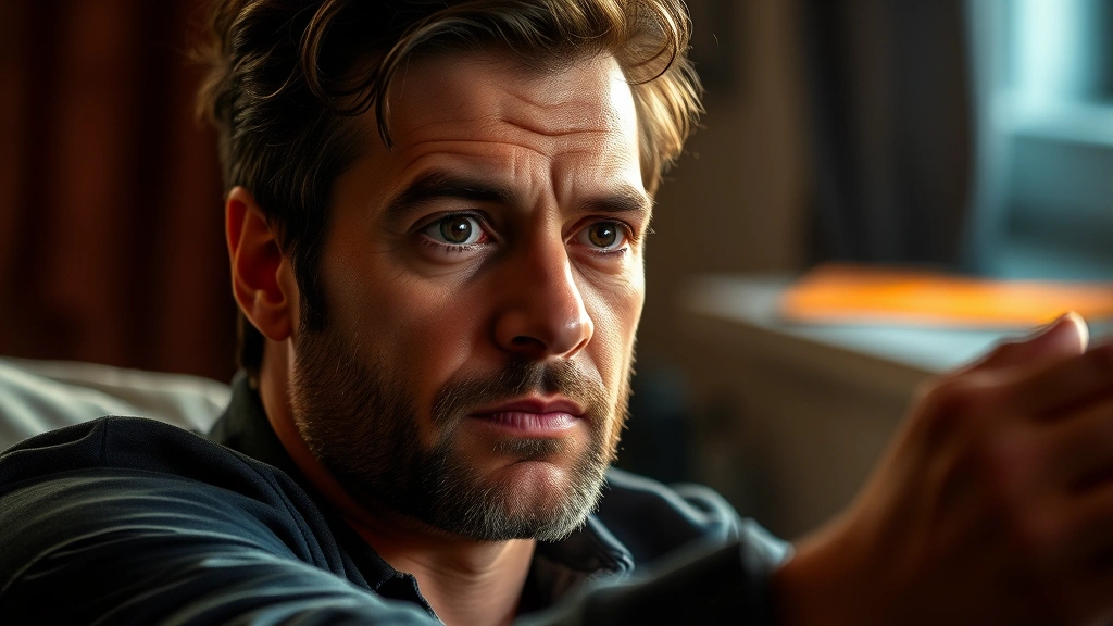 Mature male actor during intimate scene in television production, displaying subtle facial emotions and professional makeup, theatrical lighting emphasizing character authenticity and performance depth