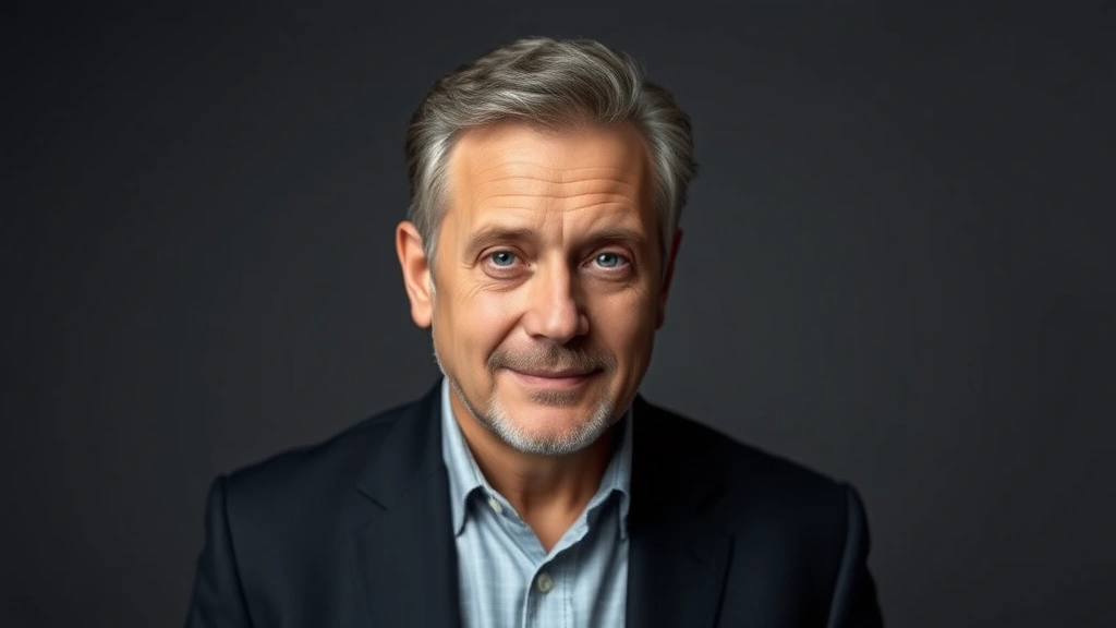 Refined professional headshot-style portrait of mature actor in dramatic studio lighting, showing dignified expression and polished appearance, neutral background emphasizing facial features and professional presence
