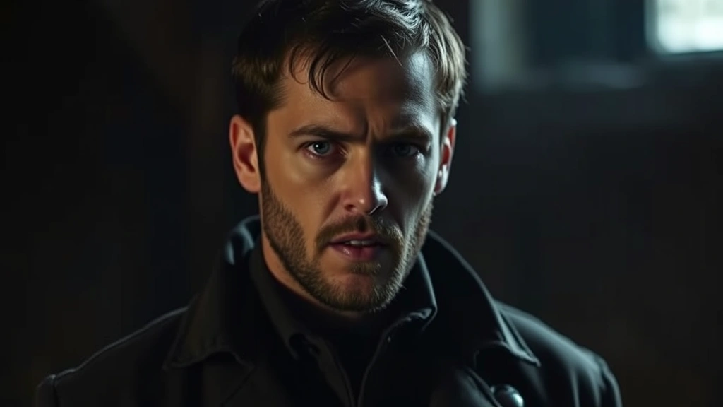 Irish actor in dramatic scene, intense emotional expression, moody cinema lighting, blurred background, photorealistic modern film still, professional cinematography aesthetic