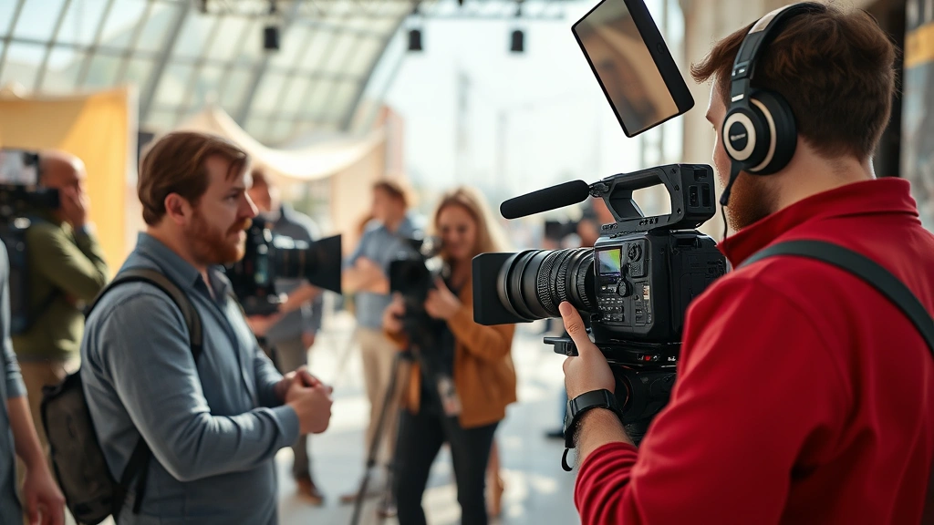 Film director reviewing footage on set, checking camera angles, collaborative creative environment, professional production design, natural daylight, behind-the-scenes filmmaking atmosphere