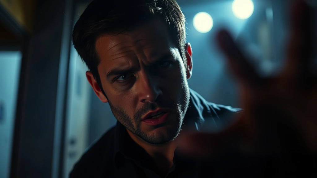 Actor in horror thriller scene, psychological tension conveyed through facial expression, atmospheric lighting design, cinematic composition, contemporary indie film aesthetic, professional production quality