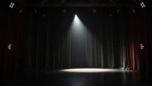 Theater stage spotlight illuminating an empty stage with curtains, dramatic professional lighting setup, no people or text visible, photorealistic cinema-quality lighting