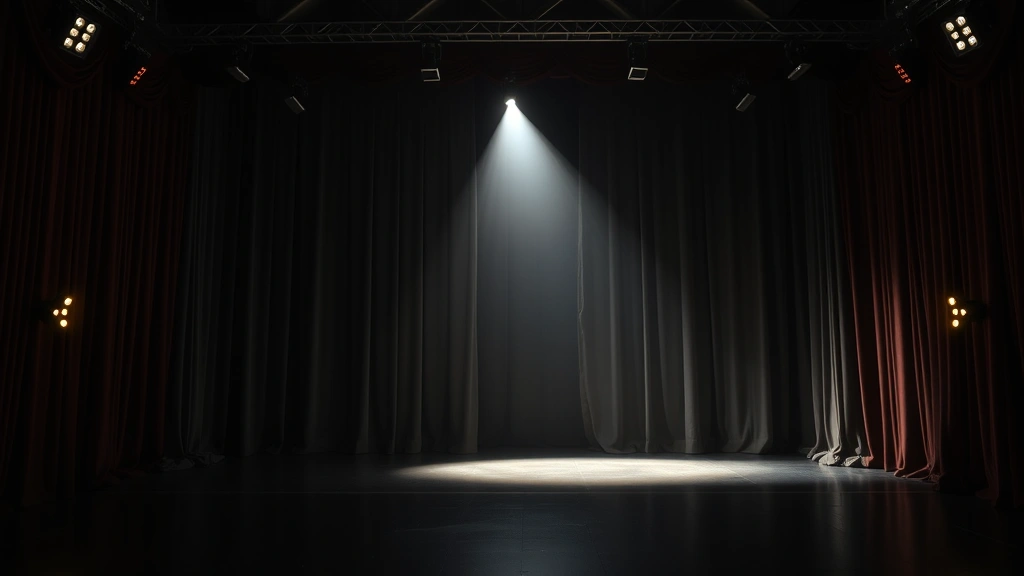 Theater stage spotlight illuminating an empty stage with curtains, dramatic professional lighting setup, no people or text visible, photorealistic cinema-quality lighting