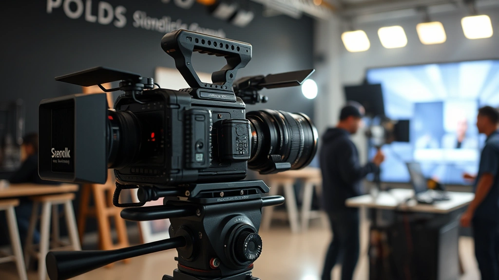 Film production camera on professional dolly with cinema lenses, movie set environment with crew working, shallow depth of field, no screens or text visible