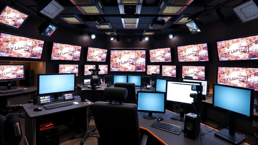 Television studio control room with multiple monitors and equipment, professional broadcast environment, technical equipment and cables, no visible screens or text content