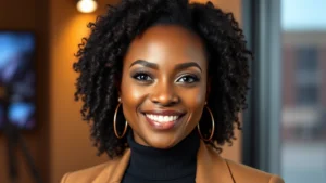 Professional headshot of accomplished Black female television performer in modern studio setting, warm lighting, confident expression, contemporary styling, no text visible