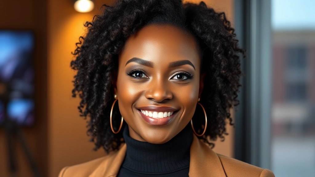 Professional headshot of accomplished Black female television performer in modern studio setting, warm lighting, confident expression, contemporary styling, no text visible