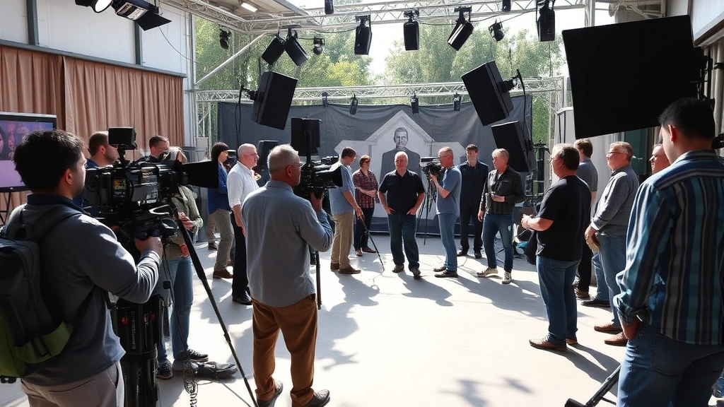 Television production set with diverse crew members working on dramatic scene, professional equipment visible, collaborative atmosphere, daytime natural lighting, no monitors or screens showing content