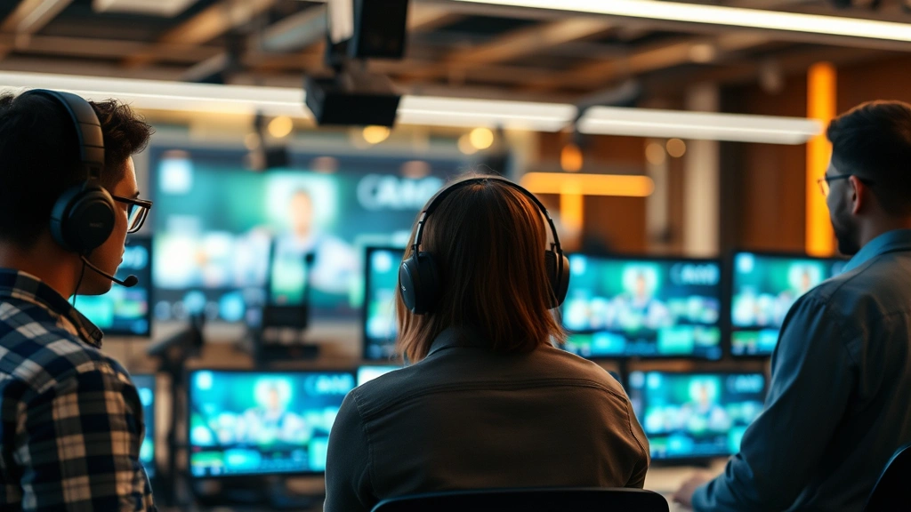 Modern streaming service content creation workspace with production team reviewing work, professional monitors and editing equipment blurred in background, creative collaborative environment, no visible text on screens