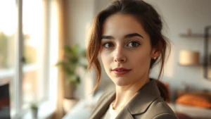 Young professional actress in modern apartment setting, natural lighting through windows, contemplative expression looking toward camera, minimalist contemporary interior design, subtle professional attire suggesting creative industry professional, depth of field emphasizing facial expression and emotional presence, warm afternoon light creating dimensional shadows on face