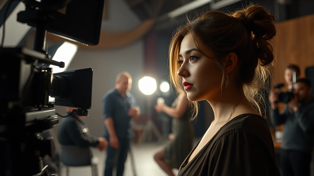 Film set environment showing actress in character during dramatic scene, professional cinematography equipment visible slightly out of focus, director and crew members working in background, theatrical lighting setup creating atmospheric mood, actress displaying emotional intensity and focus, behind-scenes documentary style photography capturing authentic working moment on production