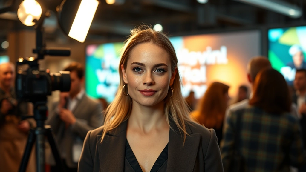 Actress at film festival or industry event, professional photography lighting, confident composed expression, modern venue setting suggesting creative industry gathering, dressed in contemporary professional attire, natural posture suggesting comfort in public professional settings, warm ambient lighting creating approachable sophisticated atmosphere, shallow depth of field isolating subject from background