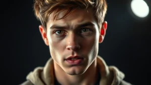 Young professional actor in dramatic scene, intense emotional expression, studio lighting, contemporary clothing, focused close-up portrait showing depth of character portrayal