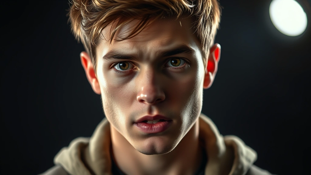 Young professional actor in dramatic scene, intense emotional expression, studio lighting, contemporary clothing, focused close-up portrait showing depth of character portrayal