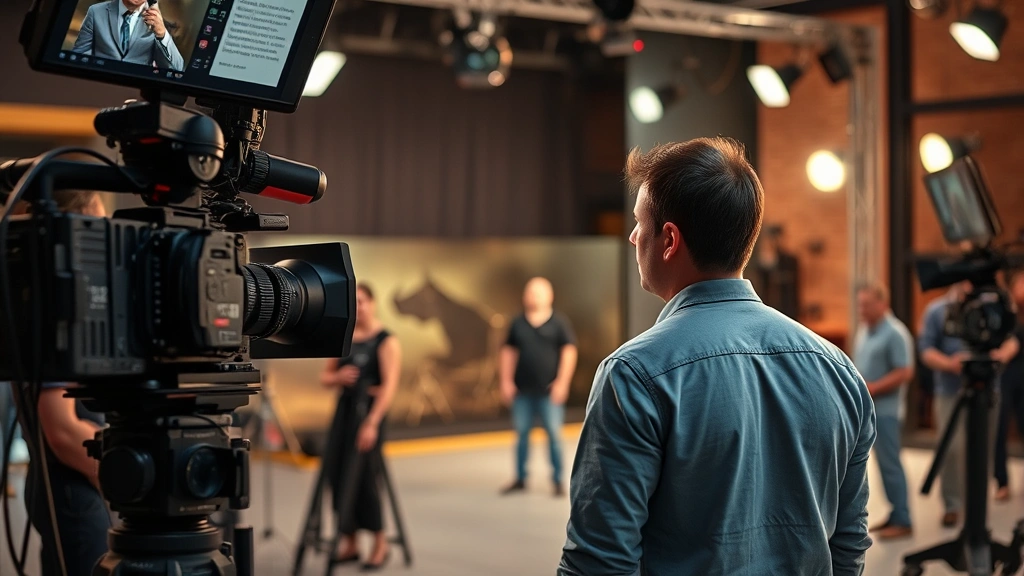 Television production set with camera equipment and professional crew in background, actor in mid-scene performance, warm studio lighting, dramatic intensity, professional on-set atmosphere