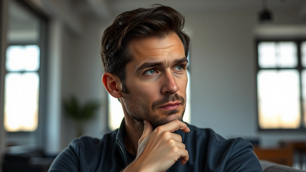 Actor in contemplative pose, modern interior setting, natural dramatic lighting through windows, professional headshot quality, serious expression reflecting character complexity