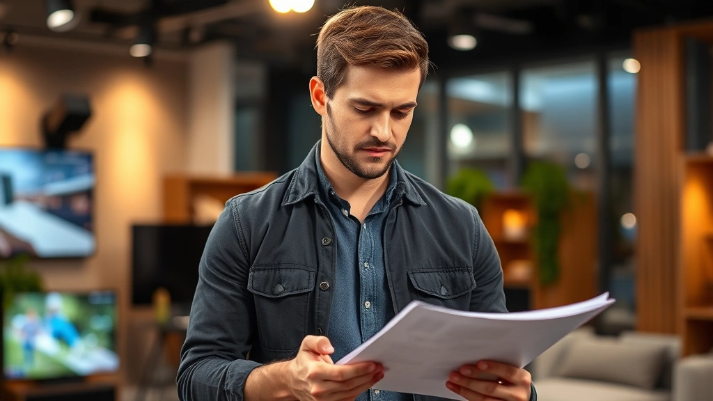 Professional male actor in modern television studio setting, wearing casual contemporary clothing, focused expression studying script pages, dramatic lighting highlighting thoughtful engagement with material